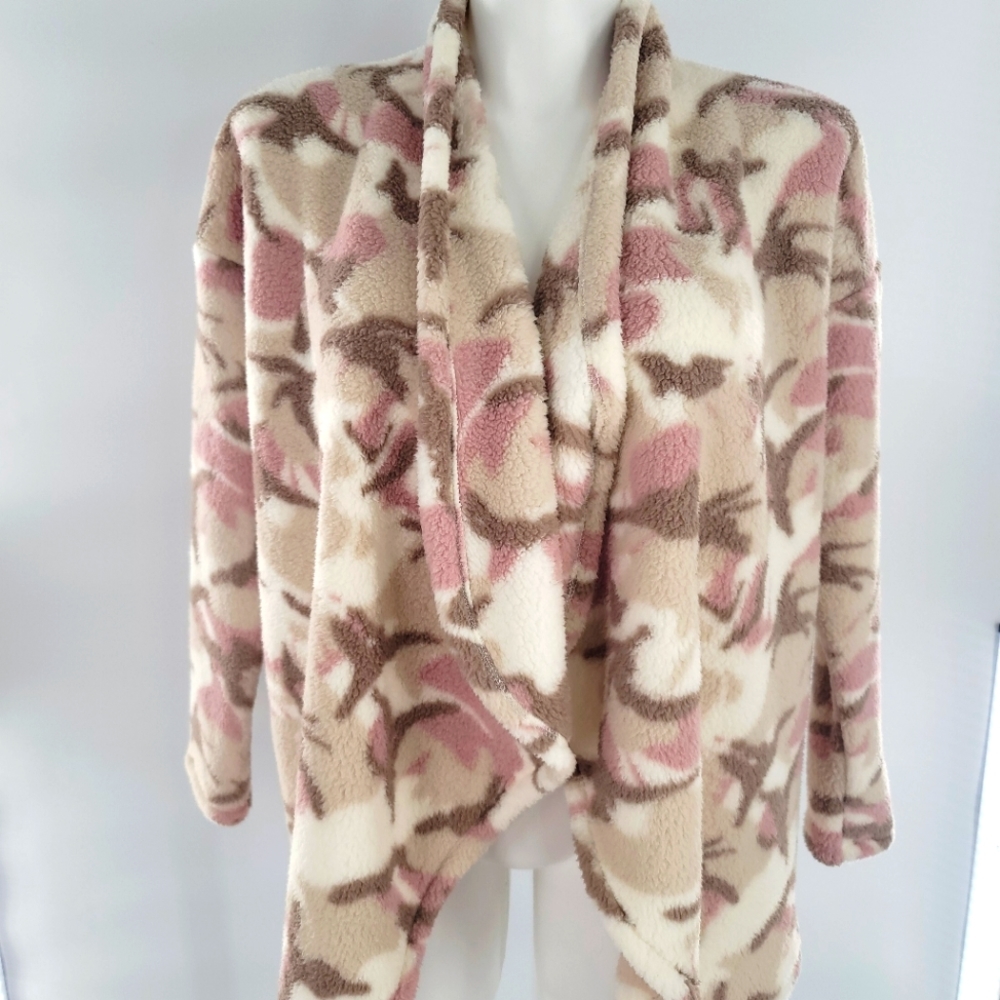 NWT $79.50 M Lucky Brand Women's Open Front Cardigan SUPER SOFT FLEECE PINK CAMO